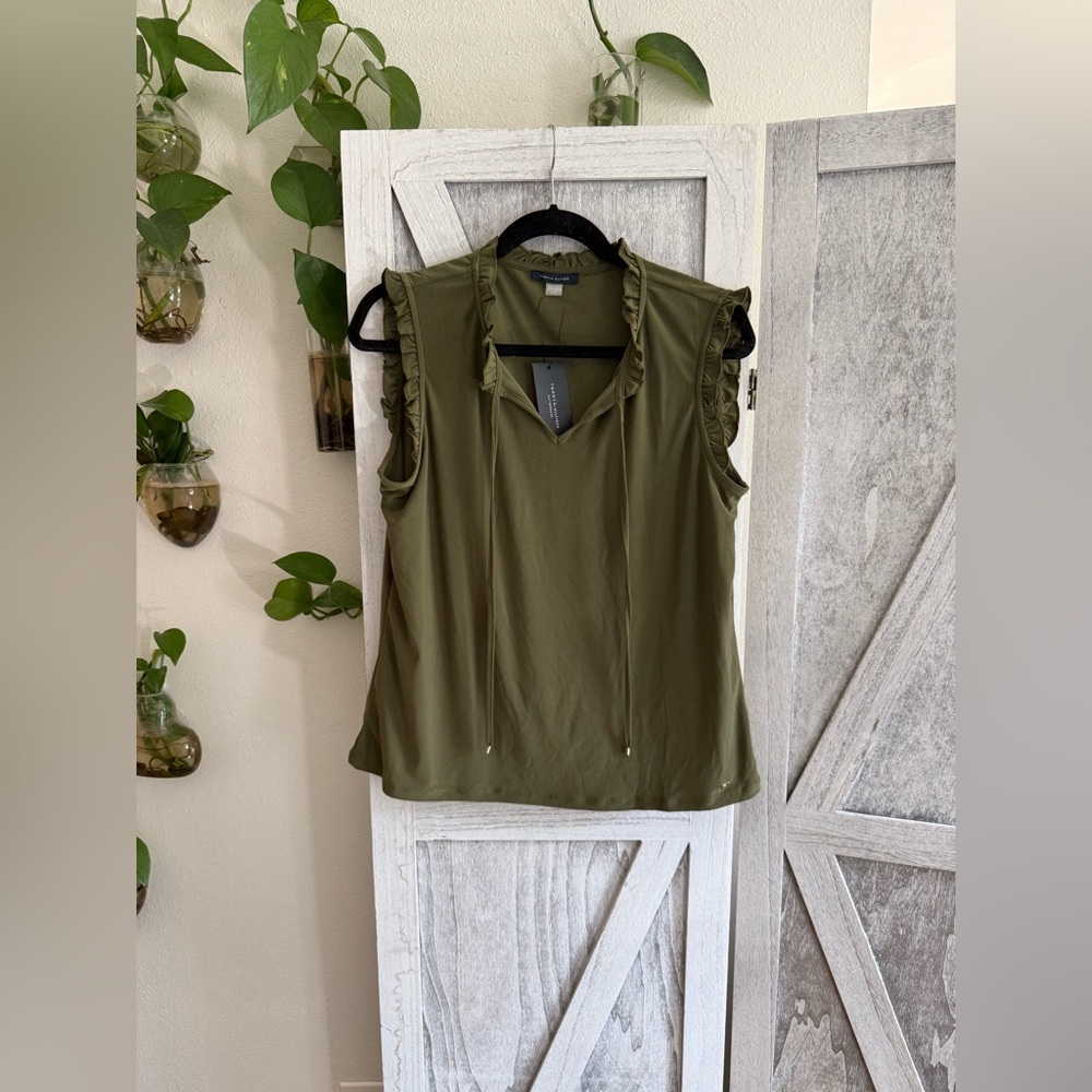 NWT Tommy Hilfiger Olive Green Ruffle Blouse